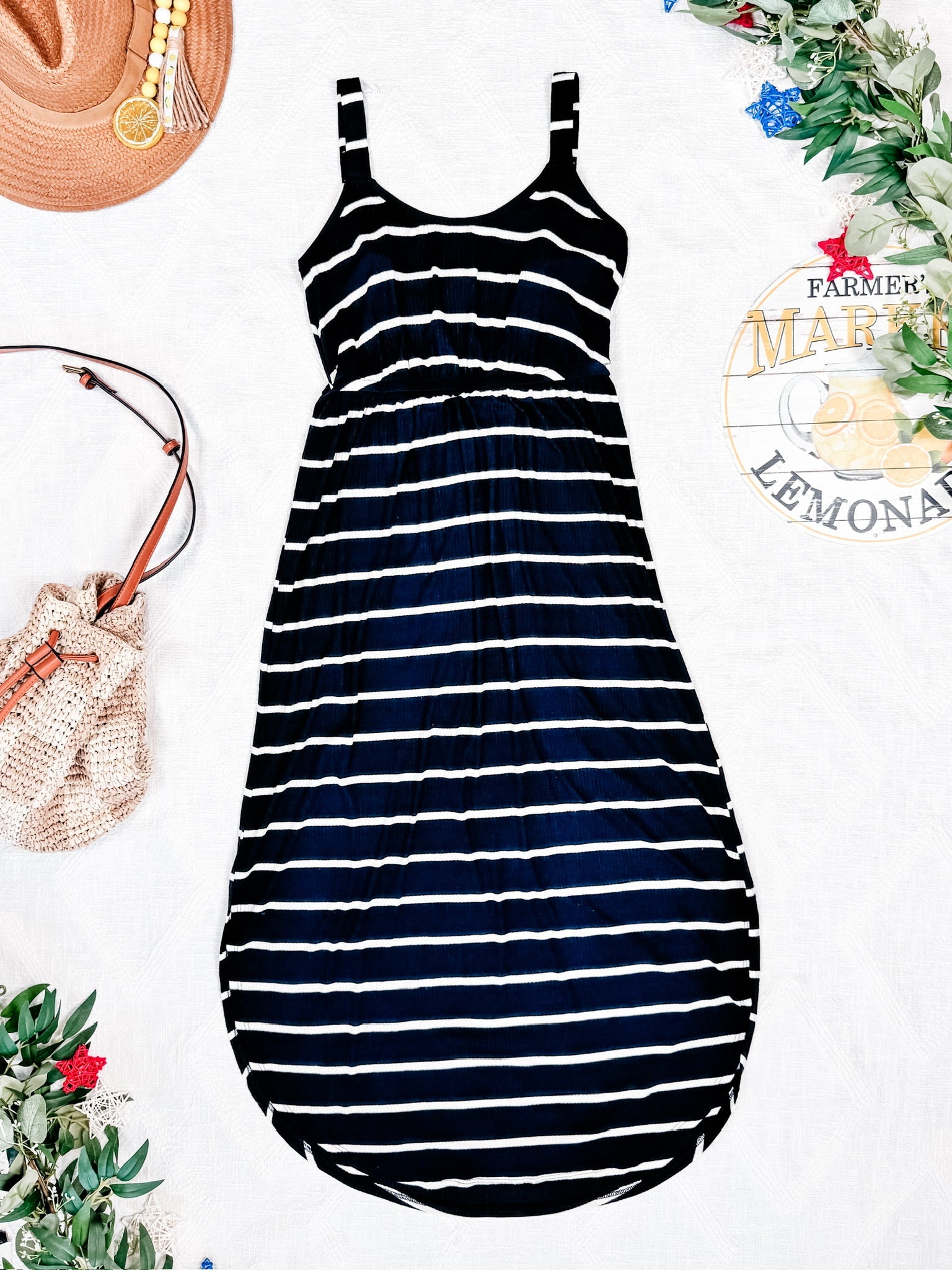 Reagan Ribbed Midi Dress - Midnight Navy Stripes